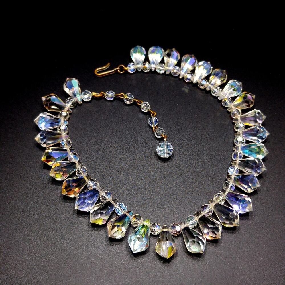 Mid-Century Crystal Teardrop Dangling Necklace, 18mm AB Crystals, 1950s Vintage